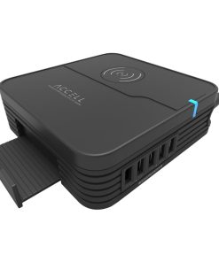 Accell D080B-040K Power Wireless Charger Pad – Qi-compatible charging with 5 USB Ports and 2 AC Outlets, 8ft power cord, stand holds up to 3 devices