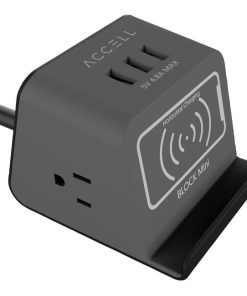 Accell D080B-041B Power Wireless Block Mini – A compact surge protector with Qi-compatible wireless charging stand, 3 USB Type A ports, and 2 AC