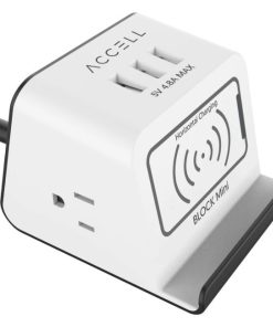 Accell D080B-041F Power Wireless Block Mini – A compact surge protector with Qi-compatible wireless charging stand, 3 USB Type A ports, and 2 AC