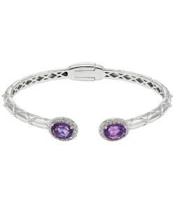 Amethyst & White Topaz Sterling Silver Halo Textured Hinged Cuff Bracelet