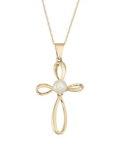 10k Gold Freshwater Cultured Pearl Ribbon Cross Pendant Necklace