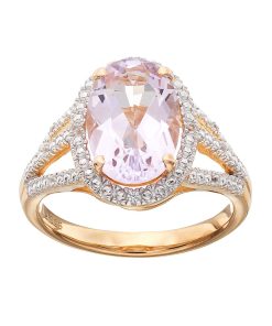 14k Gold Over Silver Rose de France Amethyst & Lab-Created White Sapphire Halo Ring