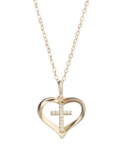 10k Gold Cubic Zirconia Cross & Heart Pendant Necklace