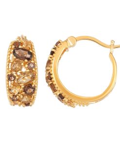 14k Gold Over Silver Cognac & Smoky Quartz Cluster Hoop Earrings
