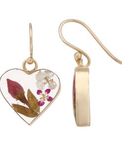 24k Gold Over Silver Pressed Flower Heart Drop Earrings