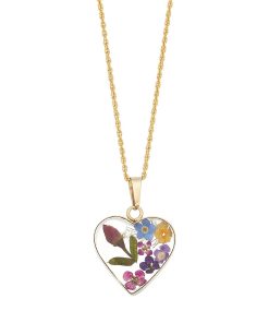 24k Gold Over Silver Pressed Flower Heart Pendant Necklace