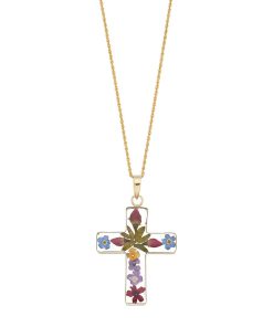 24k Gold Over Silver Pressed Flower Cross Pendant Necklace