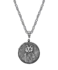 1928 Jewelry Antiqued Pewter Cat Locket Pendant Necklace