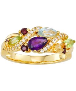 14K Yellow Gold over Sterling Silver Multi Gemstone & Lab-Created White Sapphire Ring