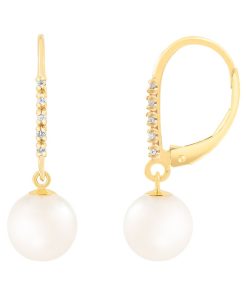 14k Gold Diamond Accent Freshwater Pearl Leverback Earrings