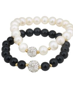 2-Pair Freshwater Cultured Pearl & Black Onyx Stretch Bracelet Set
