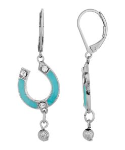 1928 Silver-Tone Turquoise Color Enamel with Crystal Accents Horsehoe Drop Earrings
