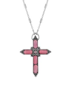 1928 Silver Tone Pink Moonstone Cross Necklace