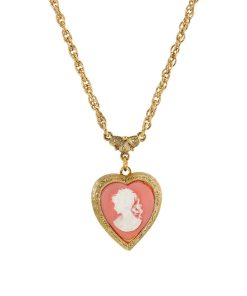 1928 Gold Tone Heart Cameo Locket Necklace
