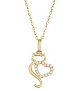 10k Gold Cubic Zirconia Cat & Heart Pendant Necklace