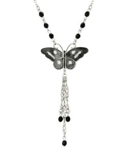 1928 Silver Tone Black & White Butterfly Tassel Necklace