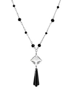 1928 Silver Tone Black Beaded Pendant Necklace