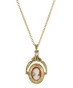 1928 Gold Tone Carnelian Cameo Locket Spinner Necklace
