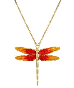 1928 Gold Tone Orange Dragonfly Pendant Necklace