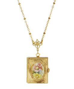 1928 Gold Tone Multi Color Floral Cabochon Four-Slot Book Locket Necklace