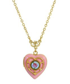 1928 Gold Tone Enamel Floral Heart Locket Necklace
