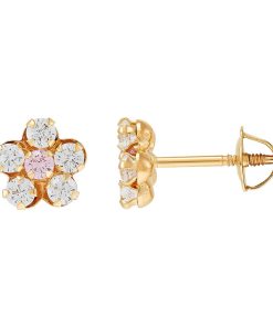 14k Gold Cubic Zirconia Flower Stud Earrings