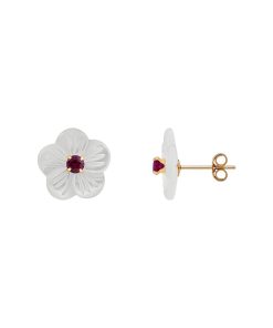10k Gold Mother Of Pearl & Lab-Created Ruby Flower Earrings