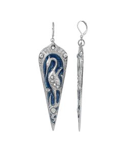 1928 Silver Tone Blue Enamel Large Crane Earrings