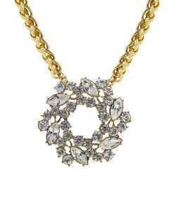 1928 Gold Tone Simulated Crystal Brooch Pendant Necklace