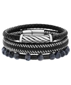 1913 Men's 3-Piece Black Leather & Labradorite Bead Bracelet Set