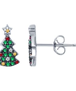 Aleure Precioso Sterling Silver Cubic Zirconia Christmas Tree Stud Earrings