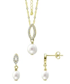 Aleure Precioso 18k Gold Over Silver Open Oval Cubic Zirconia & Freshwater Cultured Pearl Drop Pendant Necklace & Earrings Set
