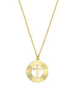 14k Gold Radiant Disk Cross Adjustable Necklace