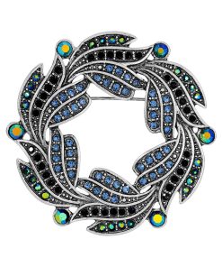 1928 Silver Tone Blue & Aurora Borealis Crystal Oxidized Wreath Brooch