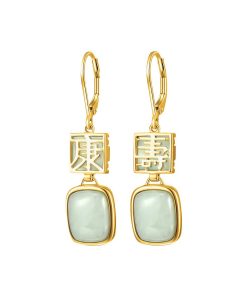 18k Gold Over Silver White Jade "Long Life" Leverback Drop Earrings