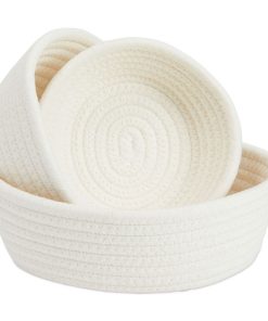 3-Piece Small Cotton Rope Woven Storage Basket Set, White Nesting Bins for Organizing Shelves, Montessori Classroom (3 Sizes)