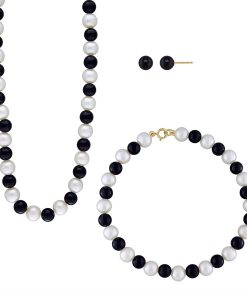14k Gold Freshwater Cultured Pearl & Onyx Necklace, Bracelet & Stud Earring Set